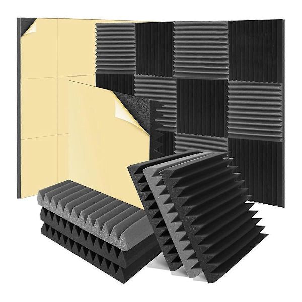 12-pack 2x12x12 tum ljudisolerade väggpaneler självhäftande, kilformade ljuddämpande skumplattor för hemstudio