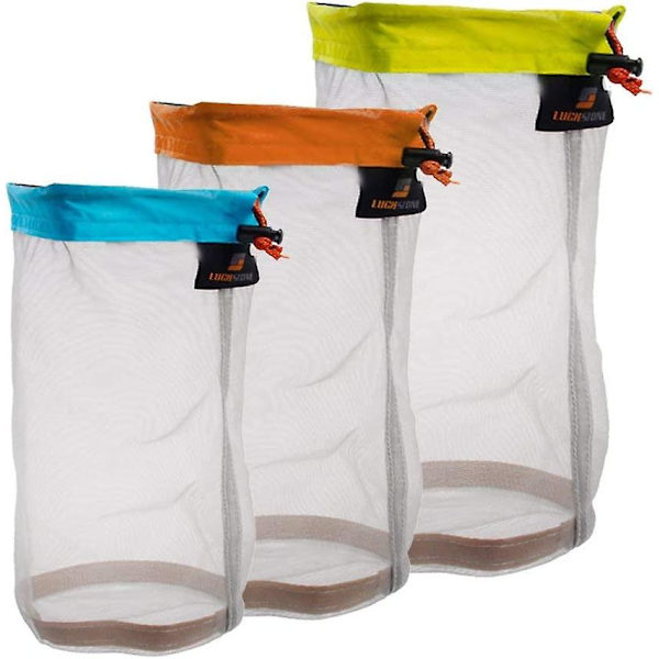 3 kpl Ultra Nylon Mesh Stuff Bag -kiristyspusseja, jotka sopivat ulkoiluun, matkustamiseen, kalastukseen, patikointiin ja urheiluun