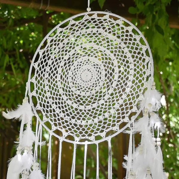 Stor Boho Drömfångare Vit Fjäder Macrame Väggdekoration