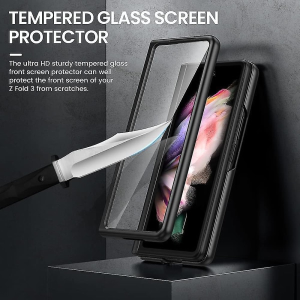 Case , joka on yhteensopiva Samsung Galaxy Z Fold 3:n kanssa, jossa on S-kynäpidike ja etunäytön suojakalvo Black