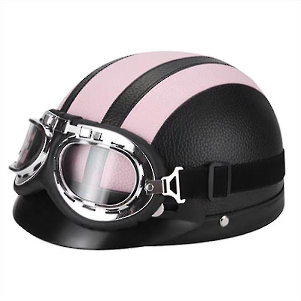 Retro Motorcykel Läder Halv Hjälm Med Glasögon Pink