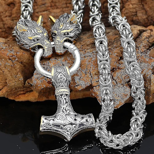 Halsband med varghuvud för män, nordisk smyckesamulett, Thors hammare