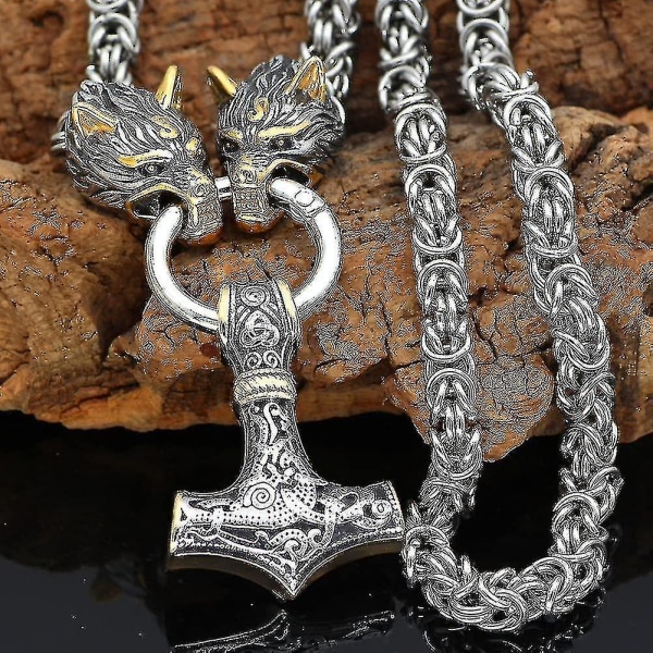 Män Wolf Head Halsband nordiska smycken Amulet Thor's Hammer Pe
