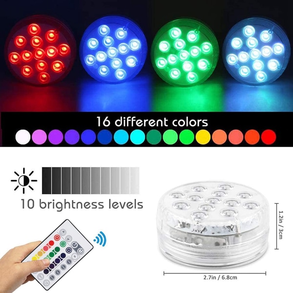 RGB LED-lampor för dykning, 4-pack 13 LED-poollampor vattentäta