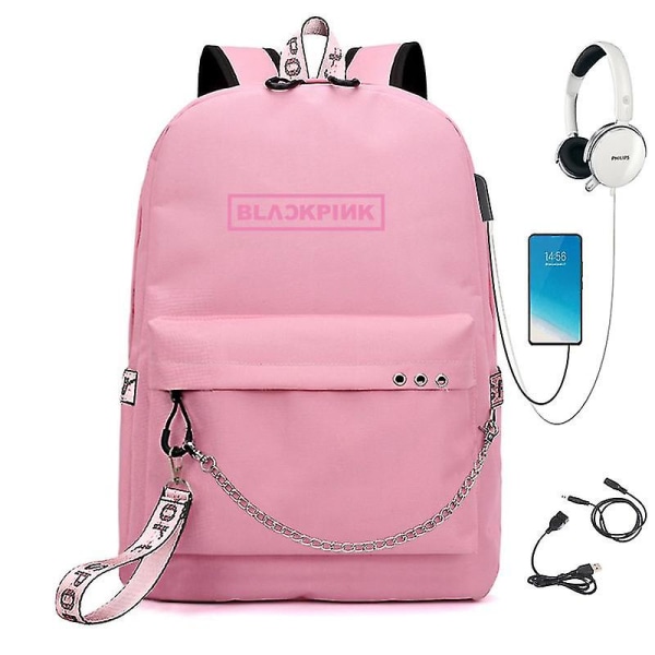 Blackpink-reppu, USB-ladattava reppu, opiskelijoiden koululaukku pink letters