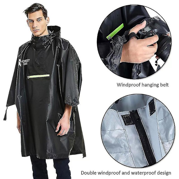 Regnfrakk for menn og kvinner, sykkelregnfrakk, vanntett poncho med refleksstripe Black