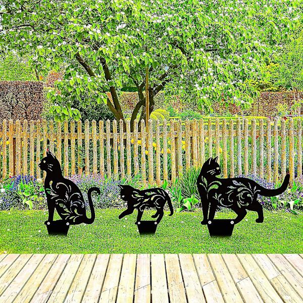 3 stk. Metal Kattehave Statue Sort Kat Silhuet Kat Deko