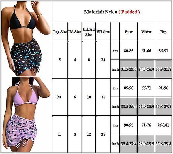3 stk./sæt badedragt til kvinder, bikini, sommer, strand Black M