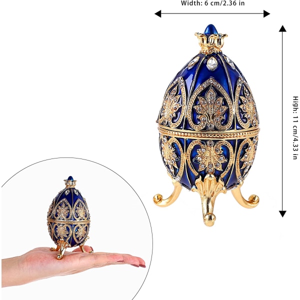 Emalje Fabergé-æg, dekorativ hængslet smykkeæske med funklende rhinsten, unik gave/pynt til hjemmets fødselsdagsfest (blå) blue
