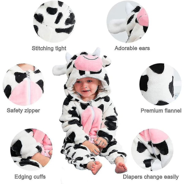 Unisex Dyre Kostume Vinter Efterår Flannel Hætte Romper F Cow 70CM