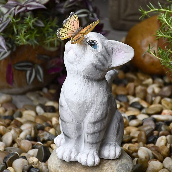 Kattehave Ornament Dekoration Sommerfugl Udendørs Solcellelys Balkon Arrangement Sød Kat Sommerfugl Harpiks Ornament Udendørs Solcellelys Kreativt Dyr