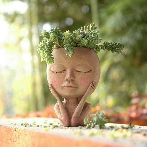 Ansiktsblomsterpottehode Planter Pot Sukkulent Planter Søt Harpiks Kaktus Planter med Dreneringshull (Planter er ikke inkludert.)