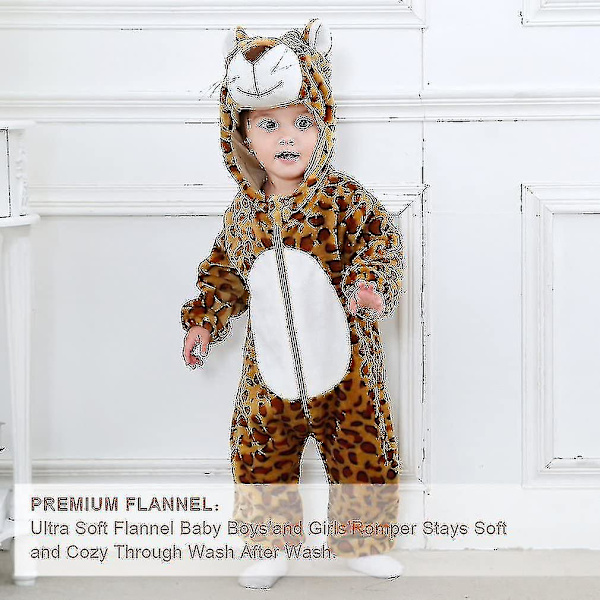 Unisex Dyre Kostume Vinter Efterår Flannel Hætte Romper F Leopard 100CM