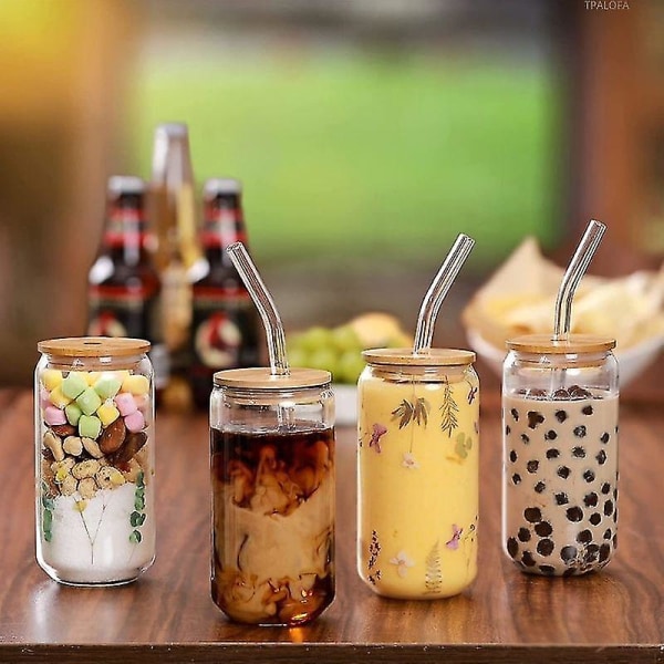 550 ml glasskopp med bambuslokk og glasssuger Ølkrus Iskaffekrus