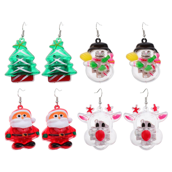 4 par LED-øreringer Juleøredobber dekor tegneserieøredobber Lys opp øredobber til jente Xmas Lady