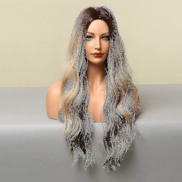 Ombre brun og blond parykk med brune hårrøtter midtskill lang bølge varme