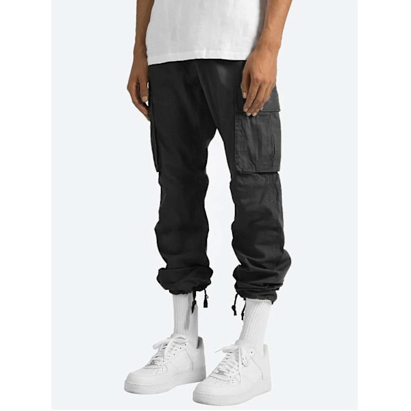 Herr Bekväma Arbetskläder Bomull Linne Multificka Casual Lös Baggy Långa Cargobyxor Black 4XL