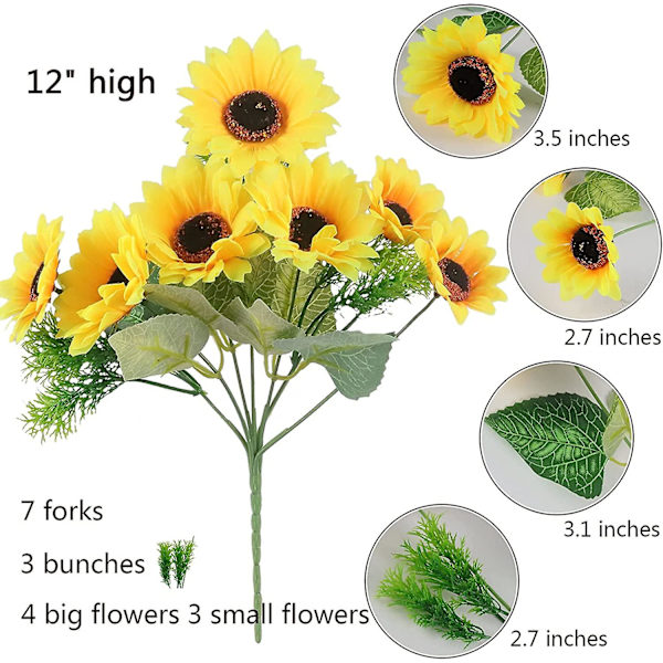 Konstgjord solrosbukett silke solros falsk gul blomma heminredning bröllopsdekoration brudbukett diy dekoration (2-pack)