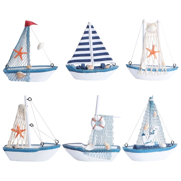 6 stk Home Dcor Nautisk Seilbåtdekorasjon Nautisk Bordplate Ornament Tre Miniatyr Seilbåt Tre Småbåt Håndverk