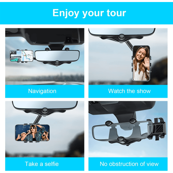 Bilholder til bakspejl til telefon, 360° roterbar og tilbagetrækkelig