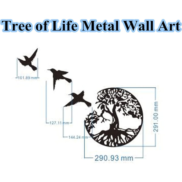 11,8\" Sort Metal Træ af Livet Vægskulptur - 3 Flyvende Fugle