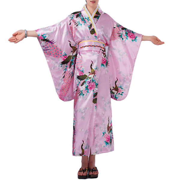 Traditionell japansk dam Kimono Pretty Kimono Morgonrock Nattkläder Badrock Scen Kimono Kostym (rosa)