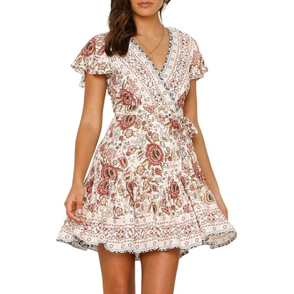 Sommerkjole til kvinder med V-hals, boheme-blomsterprint, flæser og A-form