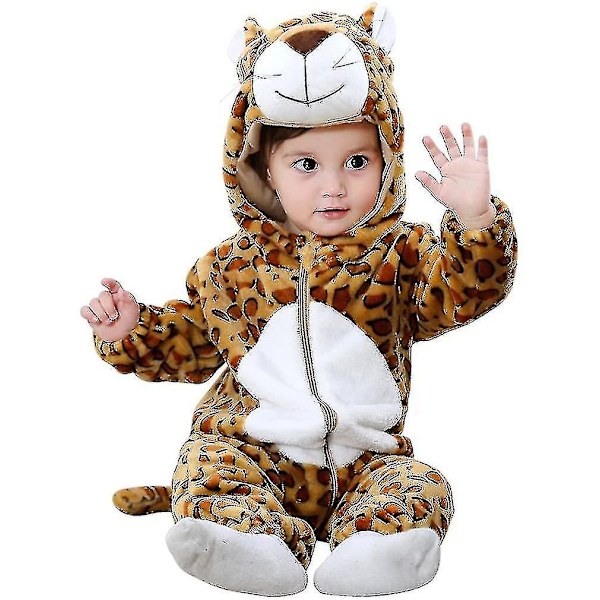 Unisex Dyre Kostume Vinter Efterår Flannel Hætte Romper F Leopard 100CM