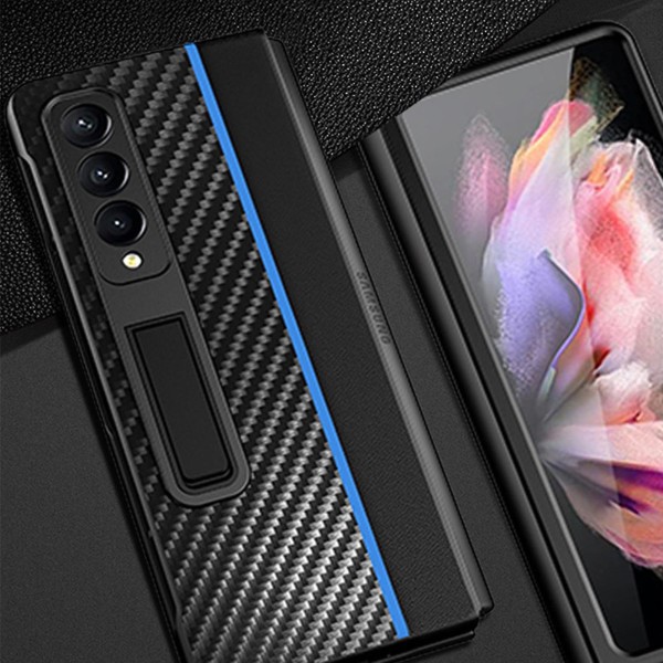 Carbon Fiber Case kompatibel Samsung Galaxy Z Fold 3 med magnetisk Kickstand Holder Stander, stødsikker Blue