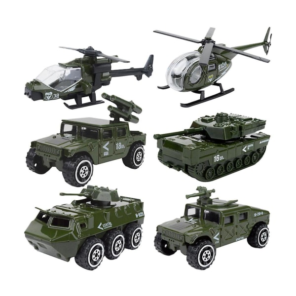 6 stk glidende bilmodell Diecast 1:87 legeringstank militærkjøretøy Jeep Helikopter Hærbil for barn Barn