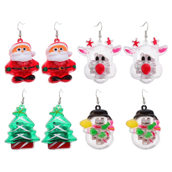 4 par LED-øreringer Juleøredobber dekor tegneserieøredobber Lys opp øredobber til jente Xmas Lady