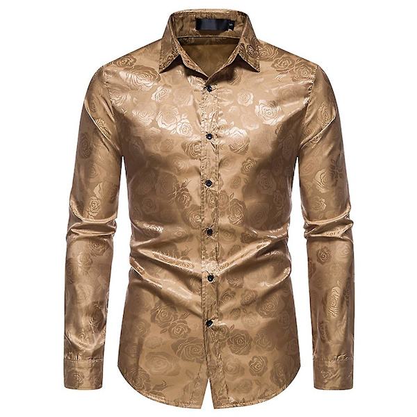 Allthemen Herre Casual Slim Lapel Rose Floral Langærmet Skjorte Khaki XL