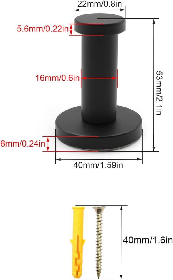 2 runde sorte veggkroker, 53mm rustfritt stål veggkroker fo
