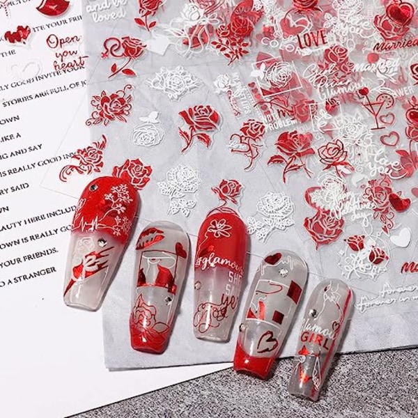 8 ark Valentines Nail Art Stickers Dekaler Selvklebende Metallic Red Heart Na