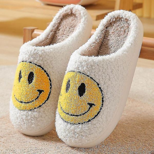 Smiley Face Tøfler til Kvinder - Smilende Tøfler - Happy Face Tøfler - Retro Smiley Face Bløde Plys 38-39 White