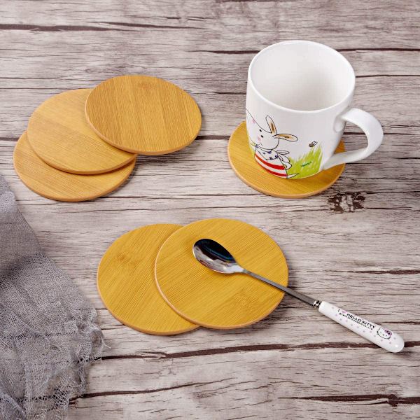 Juomien aluslautaset 6 kappaleen nahka-aluslautasen setti pidikkeellä, bambukuvioiset pyöreät aluslautat kodin ja keittiön käyttöön bamboo pattern