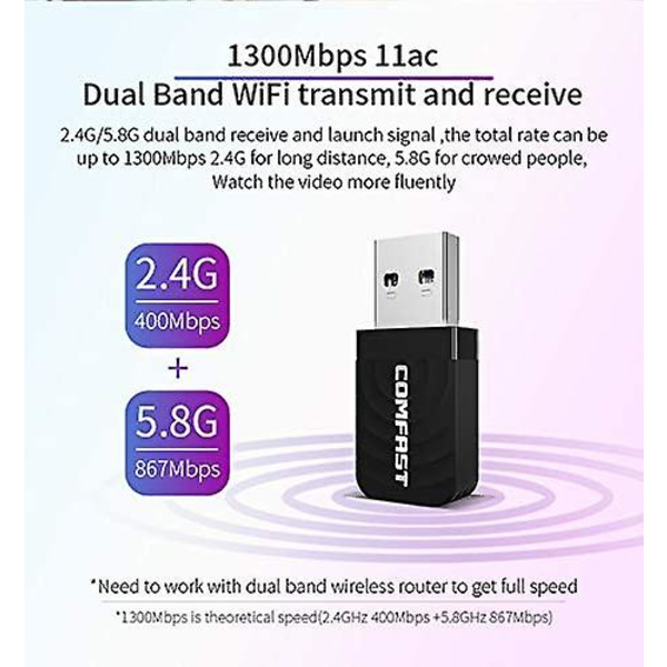 Usb Wifi-adapter for PC - Dual-band trådløst nettverkskort (ac1300mbps)