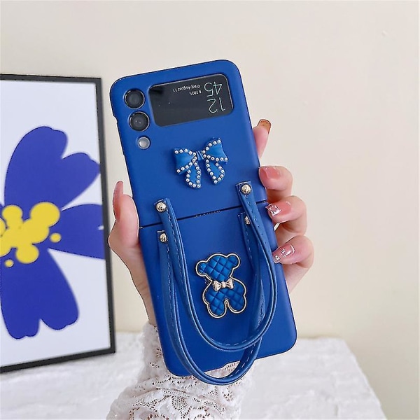 3d Bow Bear Case Kompatibel Samsung Galaxy Z Flip 4 5g med armbandsrem Vikbar Stötsäker cover Blue