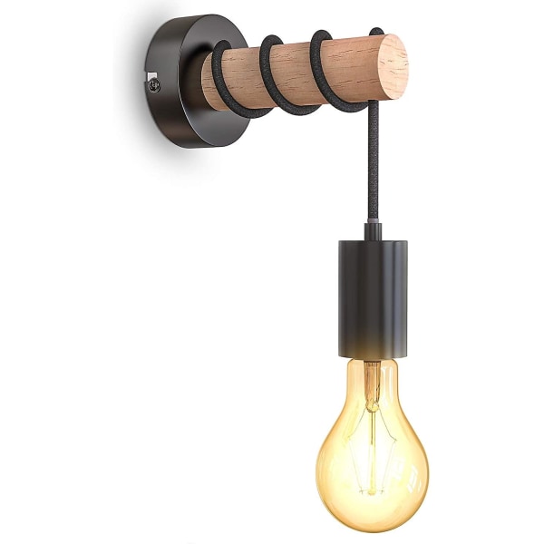 Vegglampe, industriell retrodesign, tre og metall, belysning i stue og  soverom, e27-sokkel, for 10w Max LED-pære, svart 3f16 | Fyndiq
