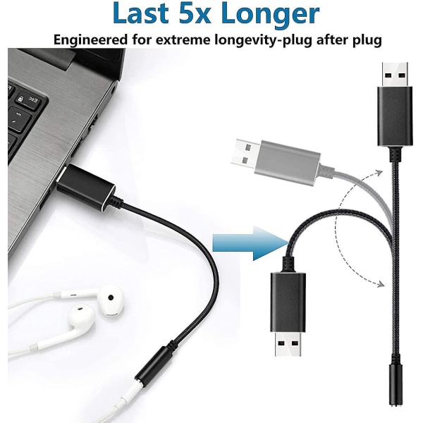 Usb-ääniadapteri, usb-3,5 mm:n ääniliitäntäadapteri, ulkoinen Usb-äänikorttiääniadapteri 3,5 mm:n kuuloke- ja mikrofoniliitännällä (musta/20 cm)