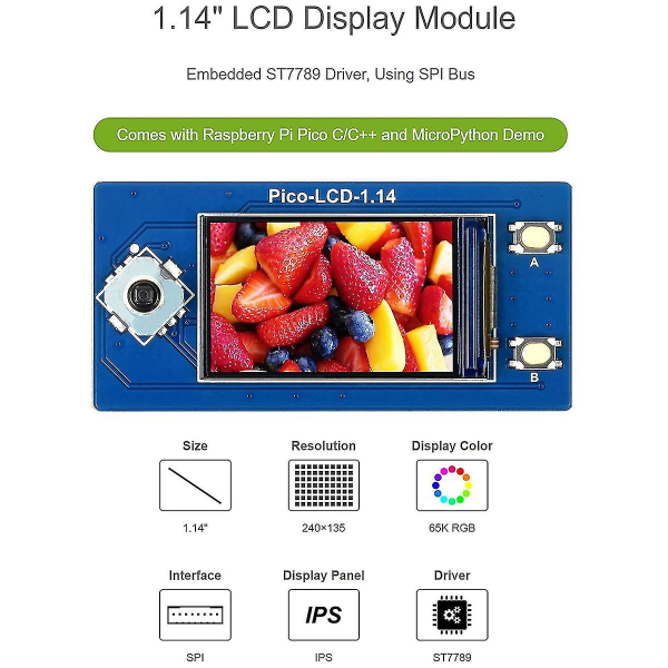 1,14 tommer Lcd-skærmmodul til Pico 65k Rgb-farver 240x135 pixel, indbygget St7789-driver