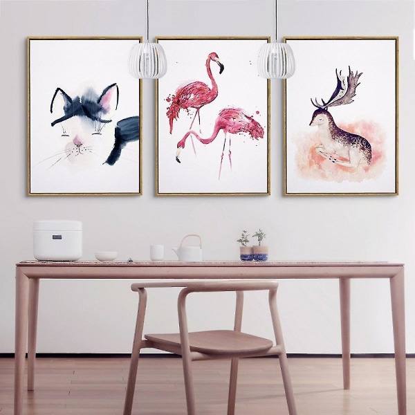 Wekity-katte, flamingoer og elge-vægkunst på lærredsplakat, enkel mode-akvarelkunst-tegneindretning og børneværelse (sæt med 3 uindrammede, 16''