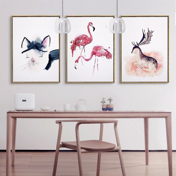 Wekity Kissa, Flamingot ja Hirvi Seinätaide Canvas-Tulostus Poster, Yksinkertainen Muodikkaat Vesiväri Taide Piirustus Sisustus Ja Lastenhuone (3 Kpl Kehystämätön, 16''