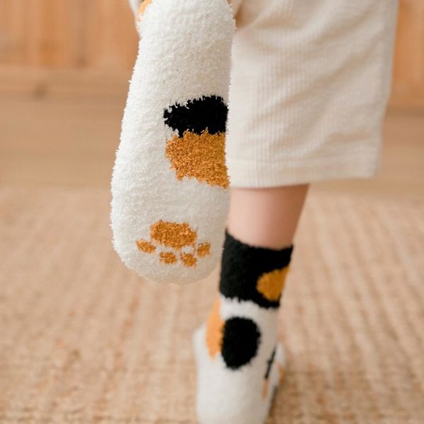 6 par söta katt tass strumpor kvinnor vinter fuzzy mysiga plysch tofflor strumpor