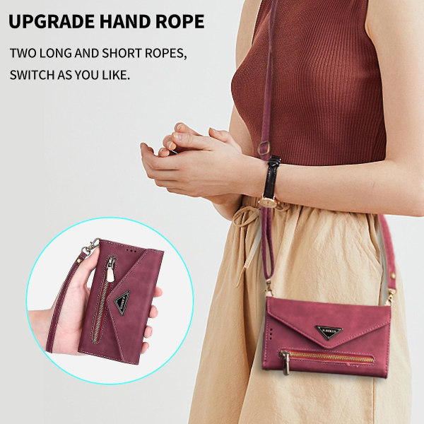 Læder Crossbody Skulderrem Lynlås Pung Kompatibel Samsung Galaxy S23 Ultra/s23 Plus/s23 Med Kortholder Dark red S23 Ultra