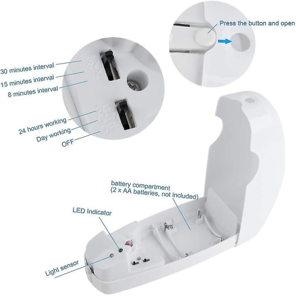 Aerosol Air Freshener Dispenser, Innendørs Hjem Veggmontert Automatisk Justerbar Air Freshener Aerosol Duft Spray Dispenser Med Lyssensor For P