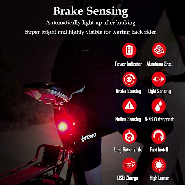 Smart cykel baglygte, bremsesensor baglygter, ultra lysstærk LED advarselscykellygte, USB genopladelig, automatisk tænd/sluk-sensor, IPX6 vandtæt,