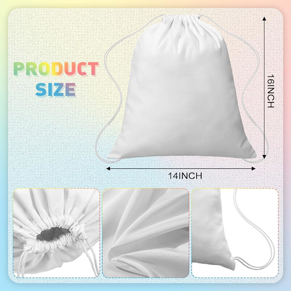 6 stk. bomuldsposer med snøre til tie dye DIY snøreposer 35\"W x 40\"H Hvid rygsæk til tie dye DIY gruppeevents sleepover-fest, 35\" x 40\"