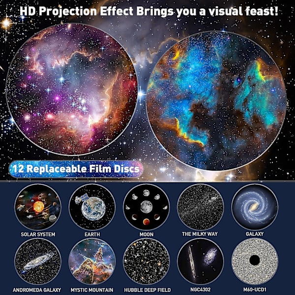 Planetarium Stjerneprojektor, Galakseprojektor, Realistisk Stjernehimmel Nattelys Med 12 Filmdisker, Solsystem Konstellasjon Måne For Barnerom L