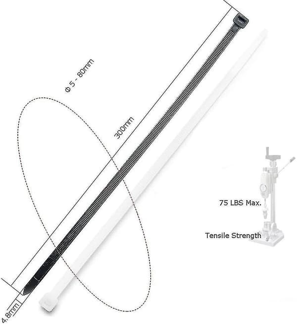 Kabelbindere 300mm X 7.6mm 100 stk., Premium Kvalitet Nylon Uv-resistent
